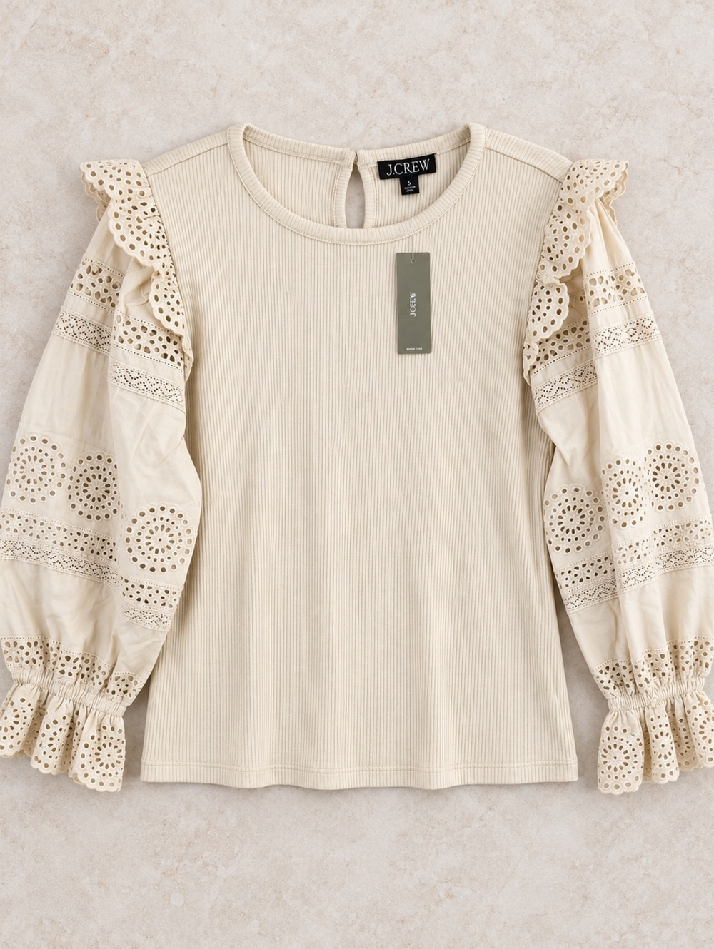 J.Crew Cream Eyelet Sleeve Ribbed Top XXL Elegant Feminine